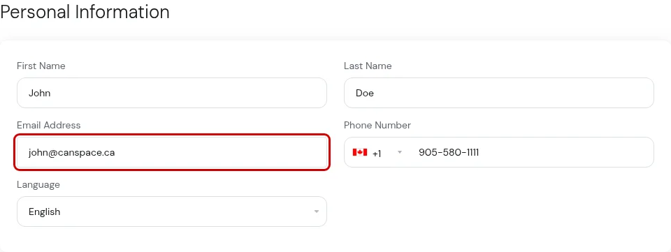 Account Details form showing the Email Address field