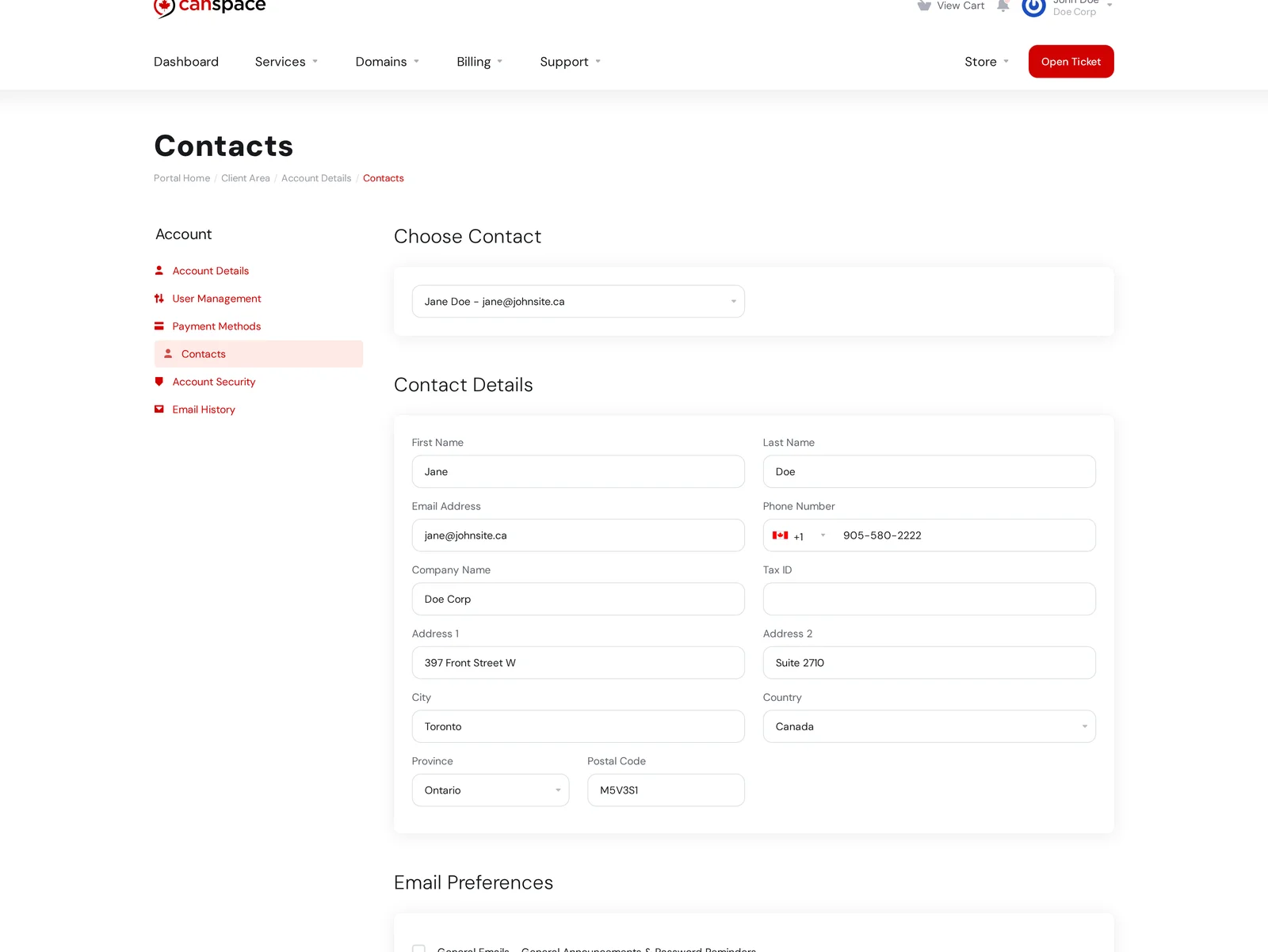 Contacts page with Choose Contact dropdown and Contact Details form