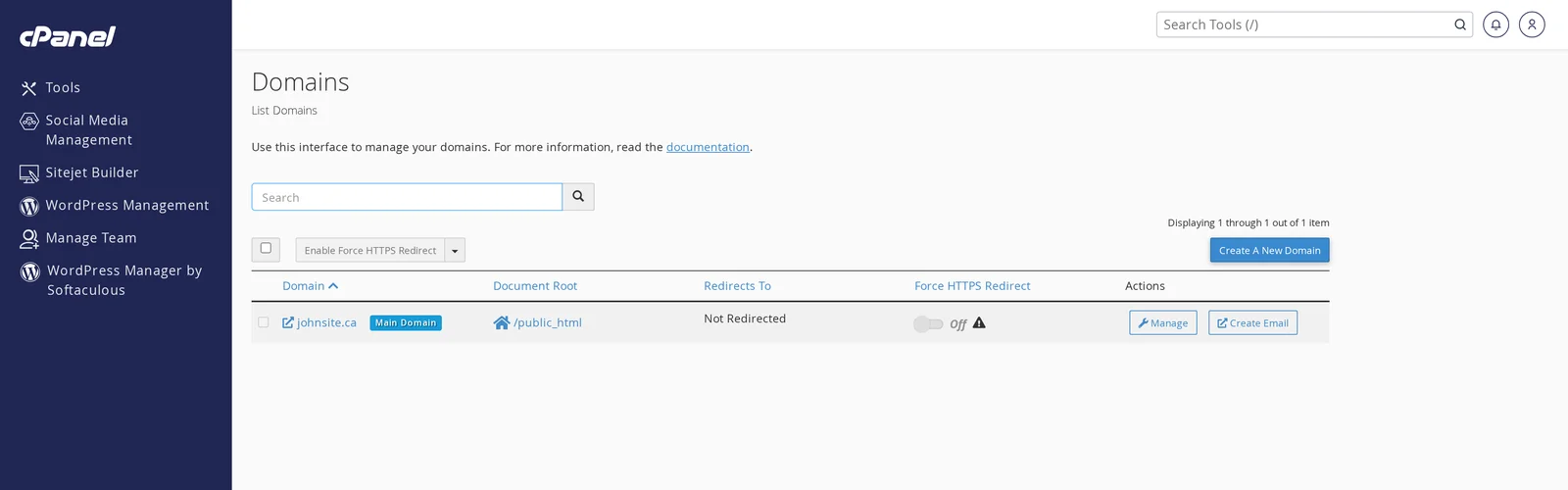 cPanel Domains page with Create A New Domain button