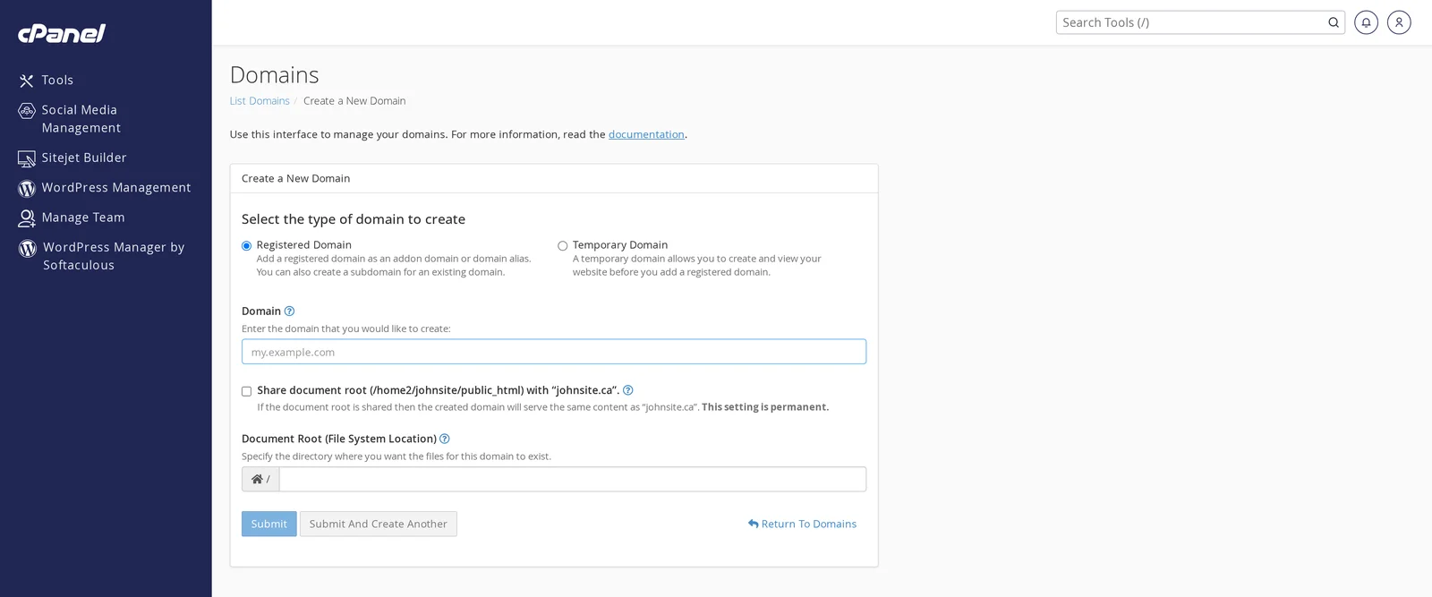 Create a New Domain form with Registered Domain selected and Domain field