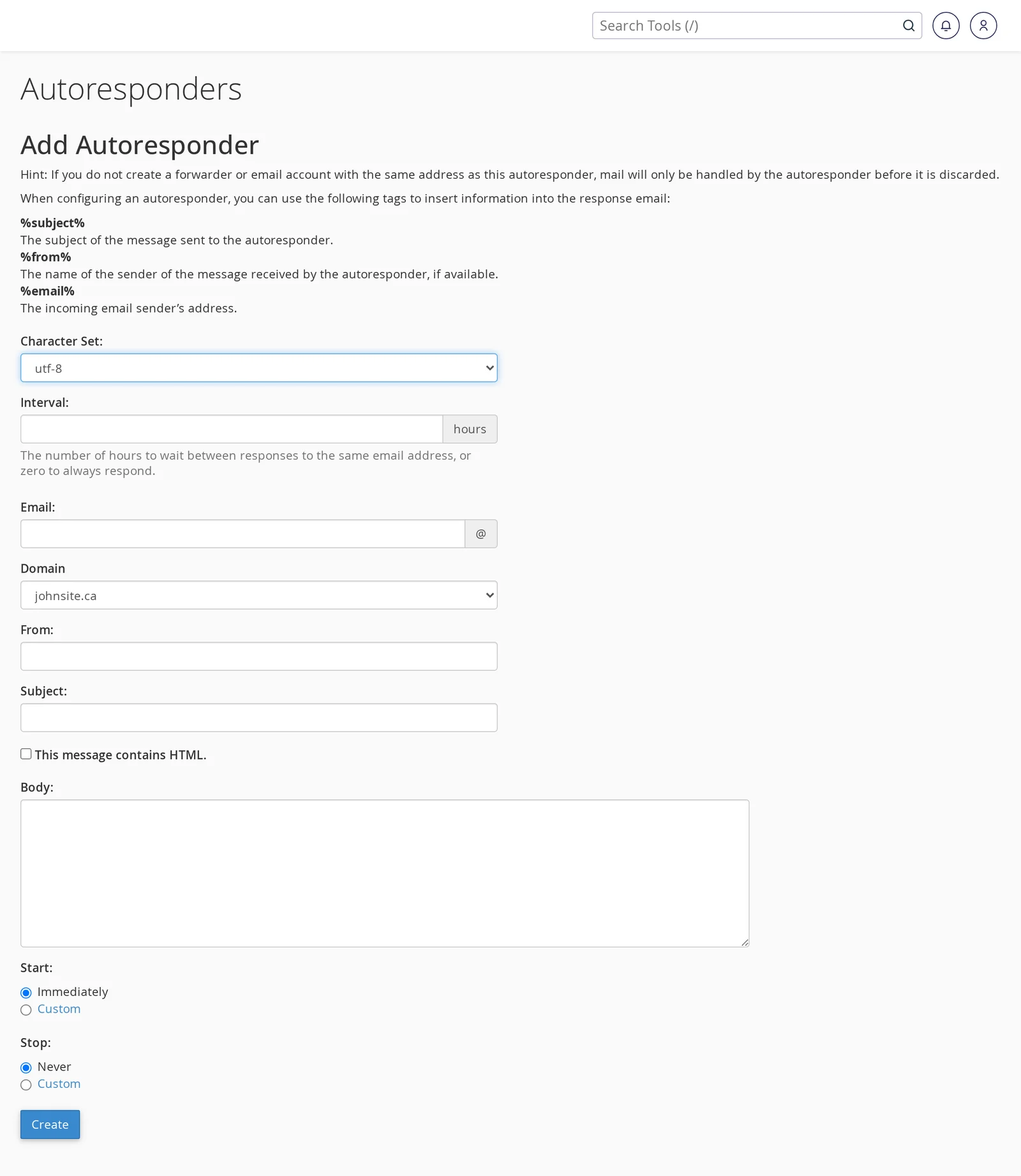 Add Autoresponder form in cPanel with Character Set, Interval, Email, From, Subject, Body, Start, and Stop fields, and a Create button