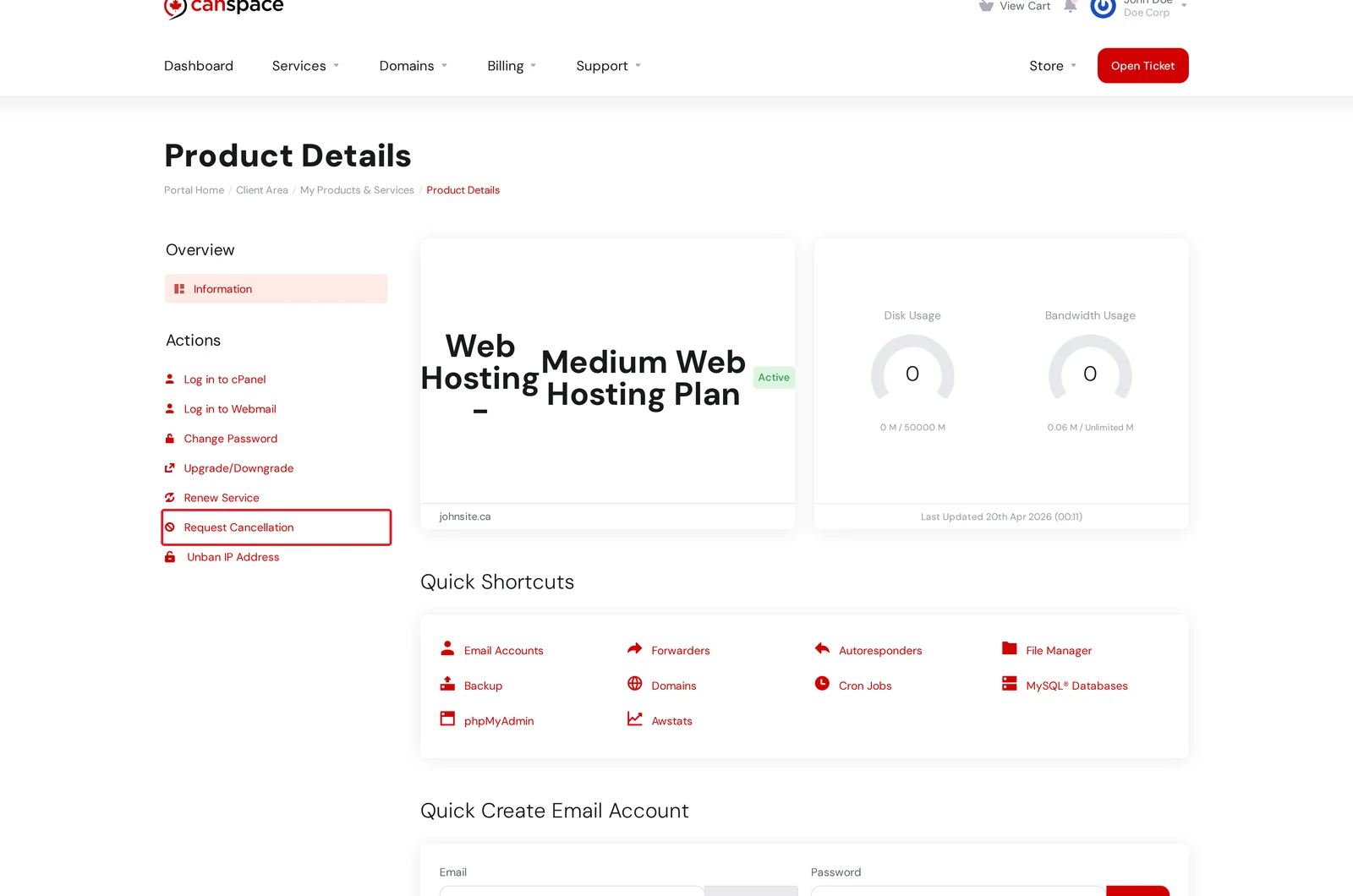 Product Details page with the Request Cancellation action highlighted in the left sidebar