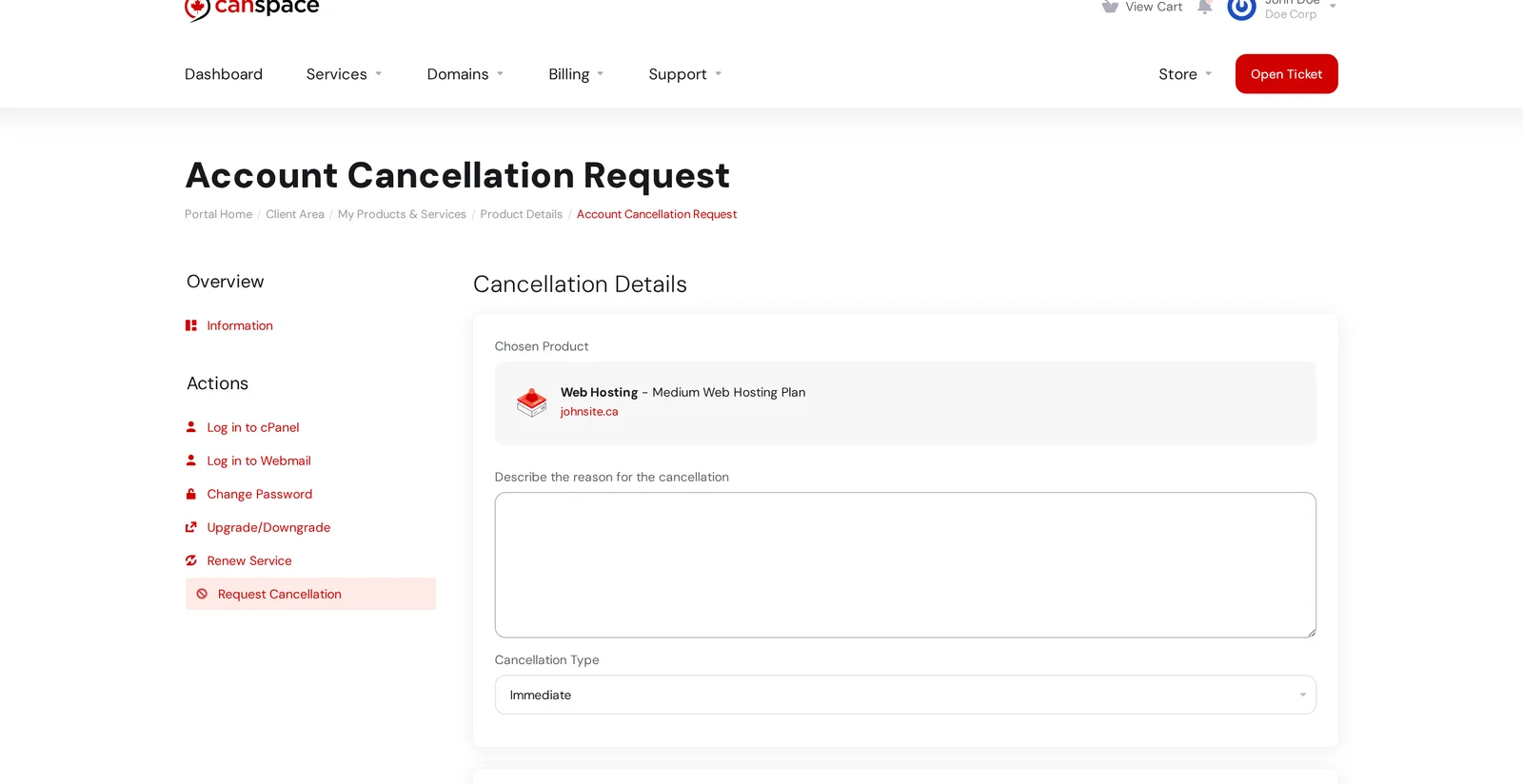 Account Cancellation Request form showing the Chosen Product, reason field, and Cancellation Type dropdown