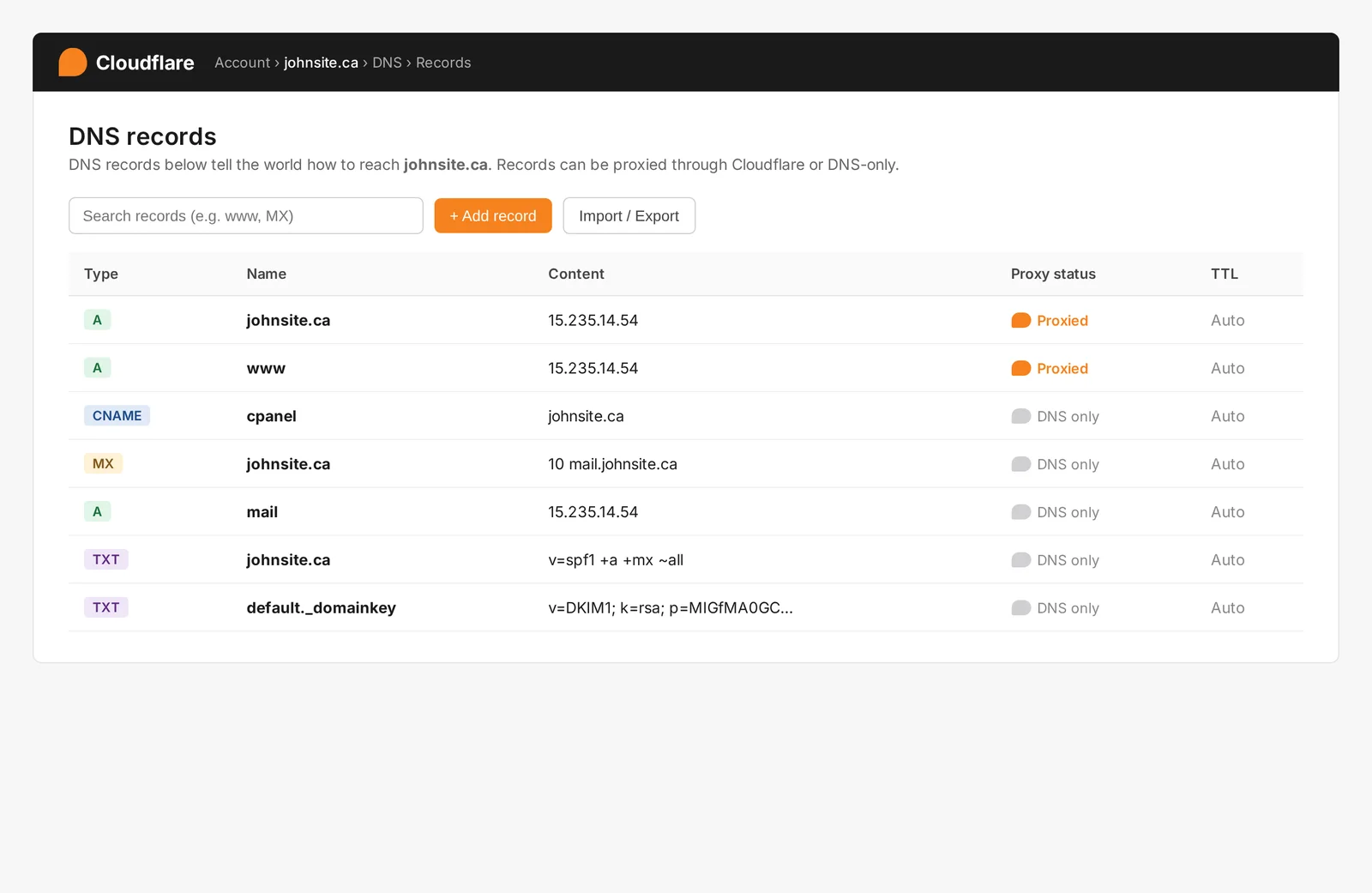 Cloudflare DNS Records dashboard showing A, CNAME, MX, and TXT records with Proxied (orange cloud) and DNS only (grey cloud) status