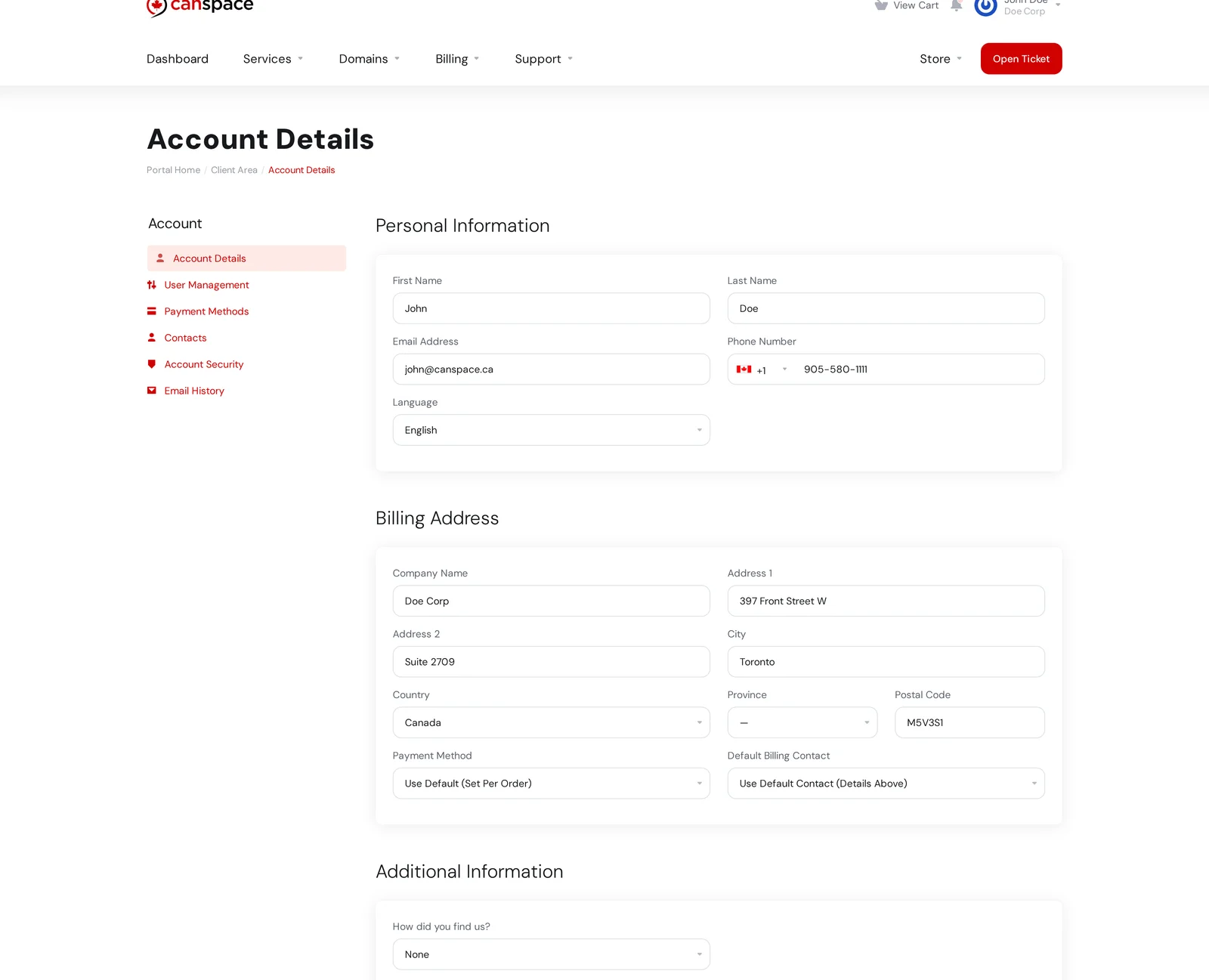 Account Details page showing Personal Information and Billing Address sections