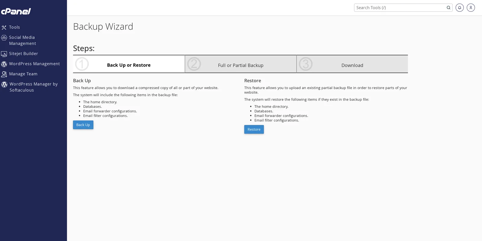 cPanel Backup Wizard showing the three steps - Back Up or Restore, Full or Partial Backup, Download - with the Back Up and Restore options