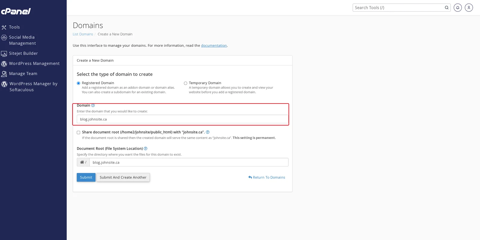 cPanel Create A New Domain form filled with blog.johnsite.ca, showing the auto-detected document root and shared docroot option