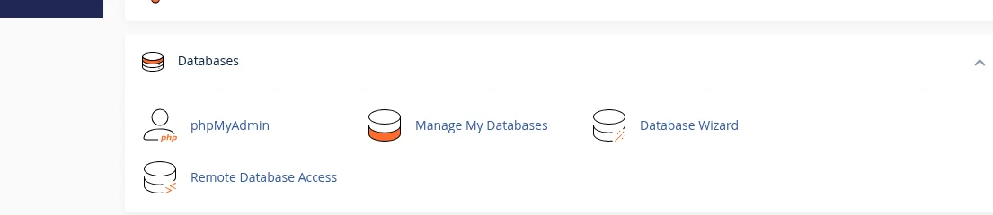 cPanel Databases section showing four icons: phpMyAdmin, Manage My Databases, Database Wizard, and Remote Database Access