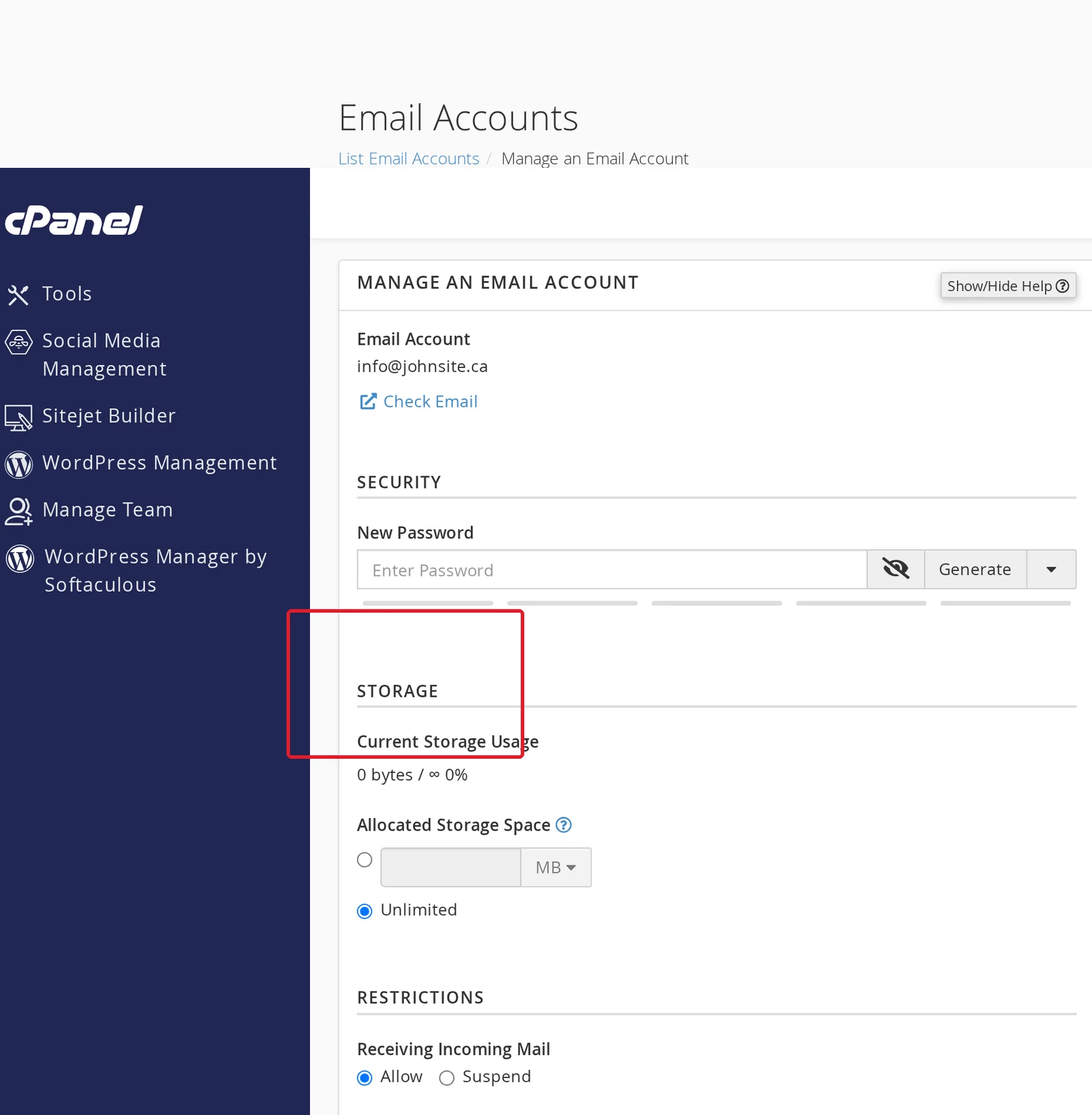 cPanel Manage Email Account page showing the Allocated Storage Space field with MB input and Unlimited radio option