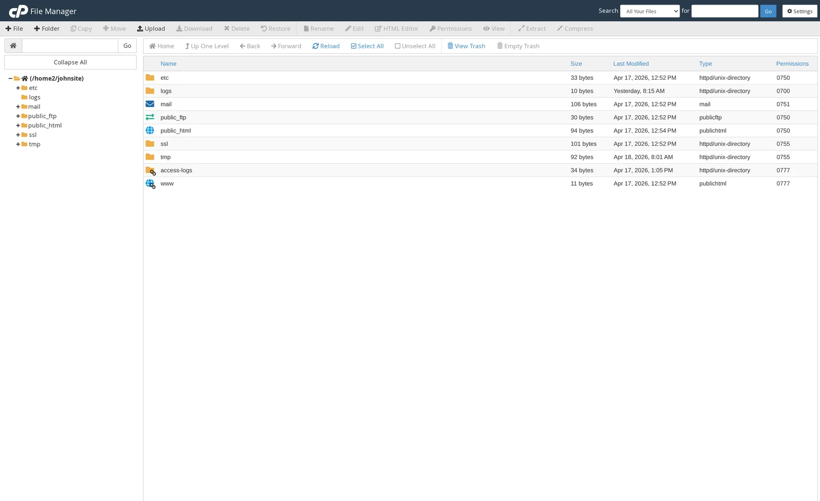 cPanel File Manager showing the home directory with public_html and other folders