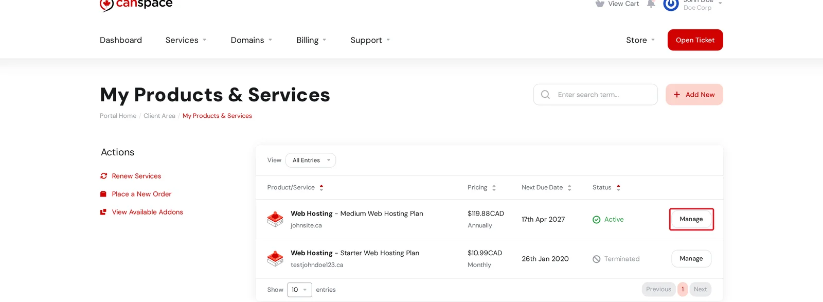 My Services page with the Manage button highlighted