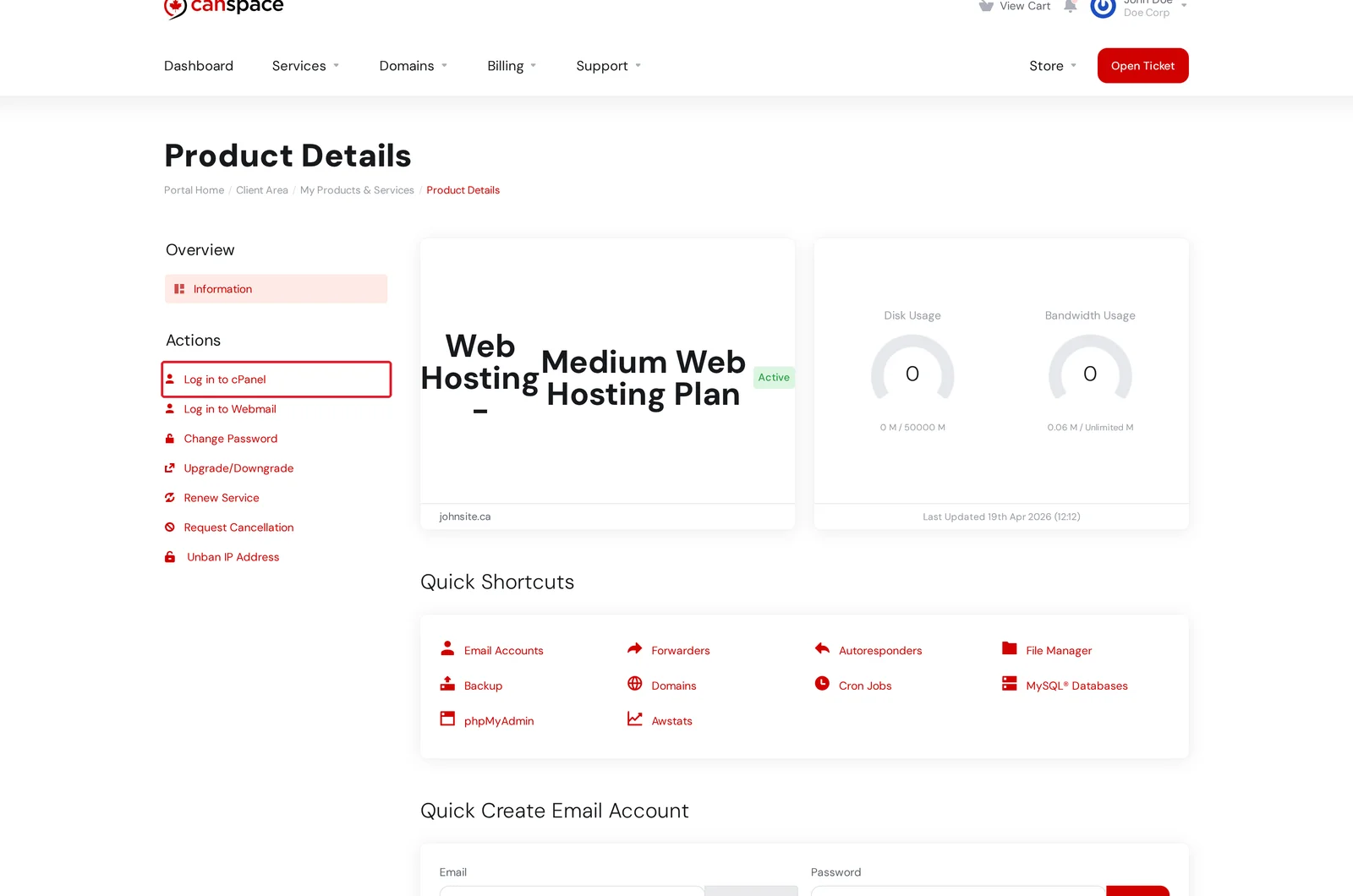 Product Details page with Log in to cPanel highlighted in the Actions sidebar