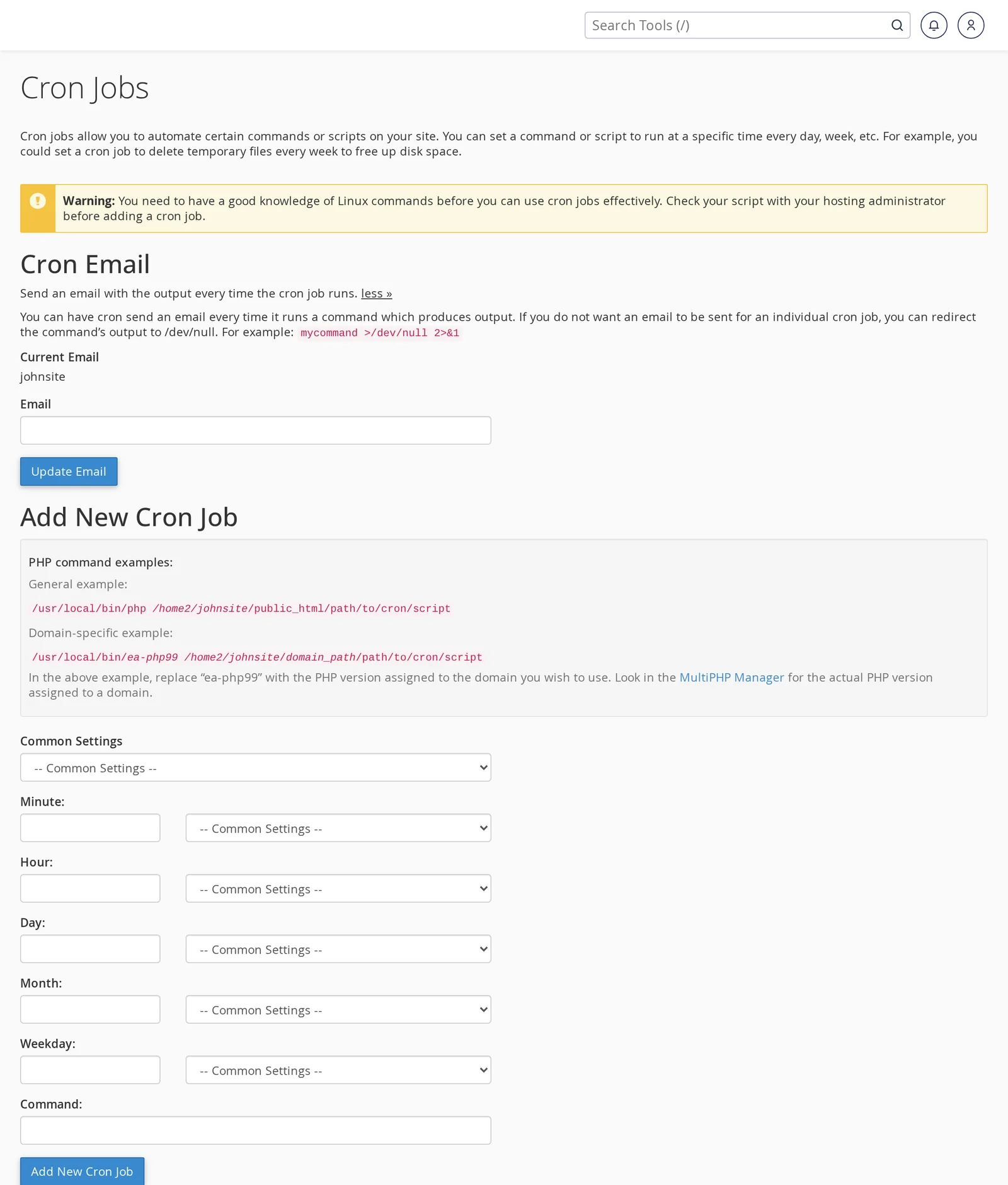 cPanel Cron Jobs page showing the Common Settings dropdown and the timing fields (Minute, Hour, Day, Month, Weekday) plus the Command field