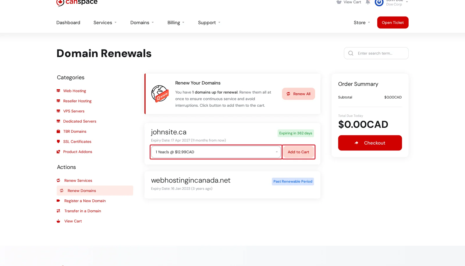 Domain Renewals page showing johnsite.ca with a renewal period dropdown and Add to Cart button highlighted
