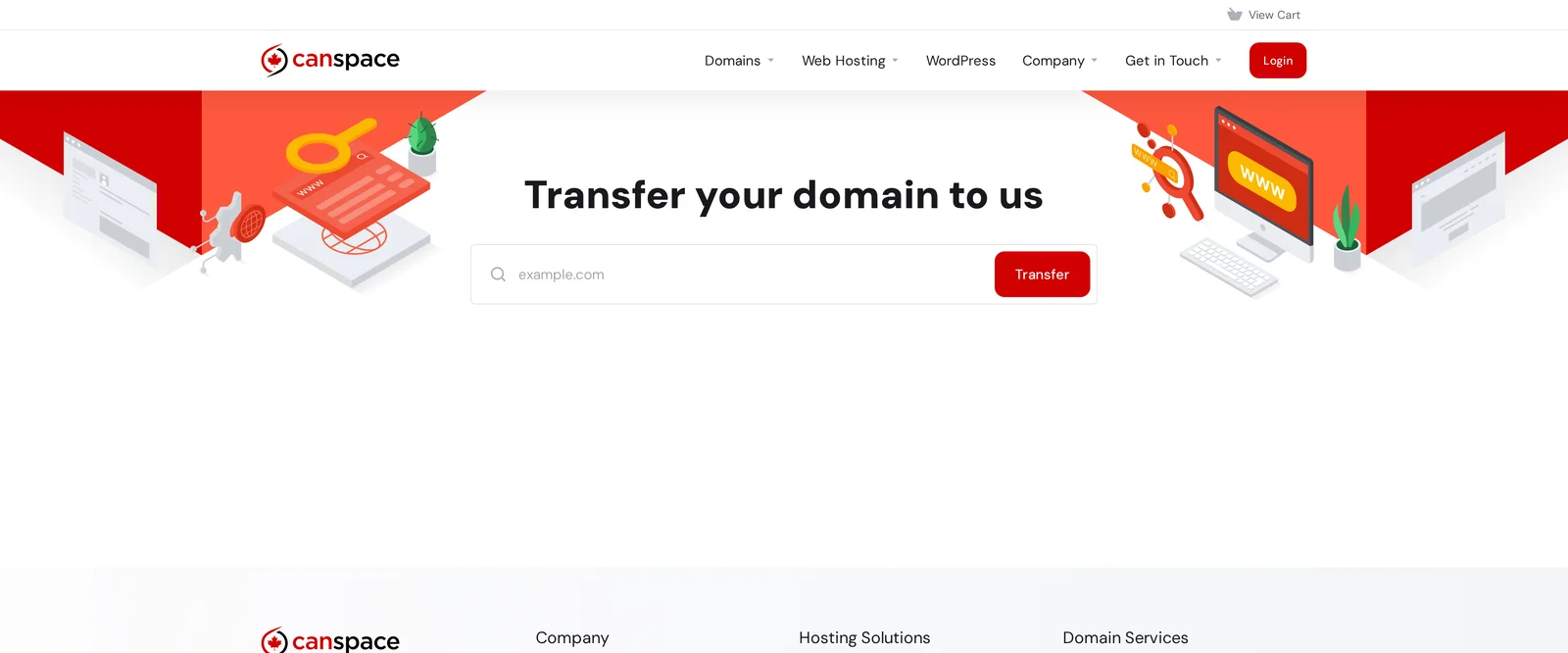CanSpace 'Transfer your domain to us' page with the domain input and Transfer button
