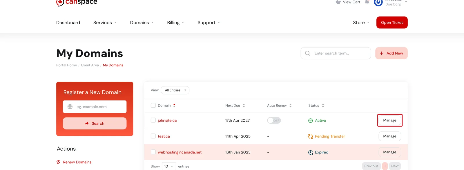 My Domains page with the Manage button highlighted for johnsite.ca