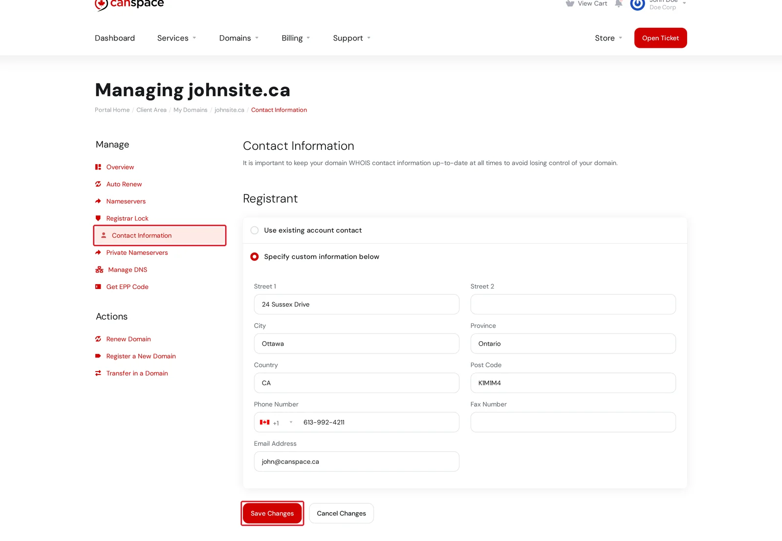 Contact Information page for johnsite.ca with Contact Information sidebar option highlighted and Save Changes button highlighted at the bottom of the form