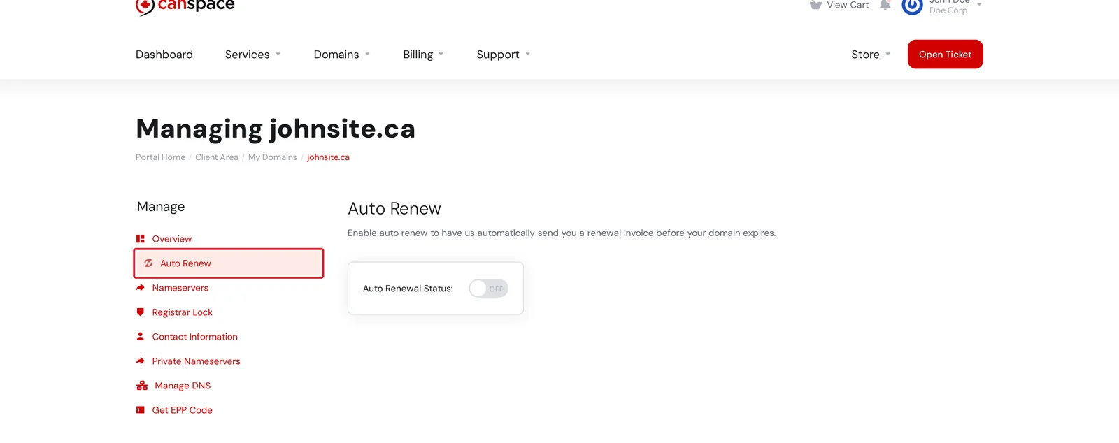 Domain management page with the Auto Renew tab selected, showing the Auto Renewal Status toggle