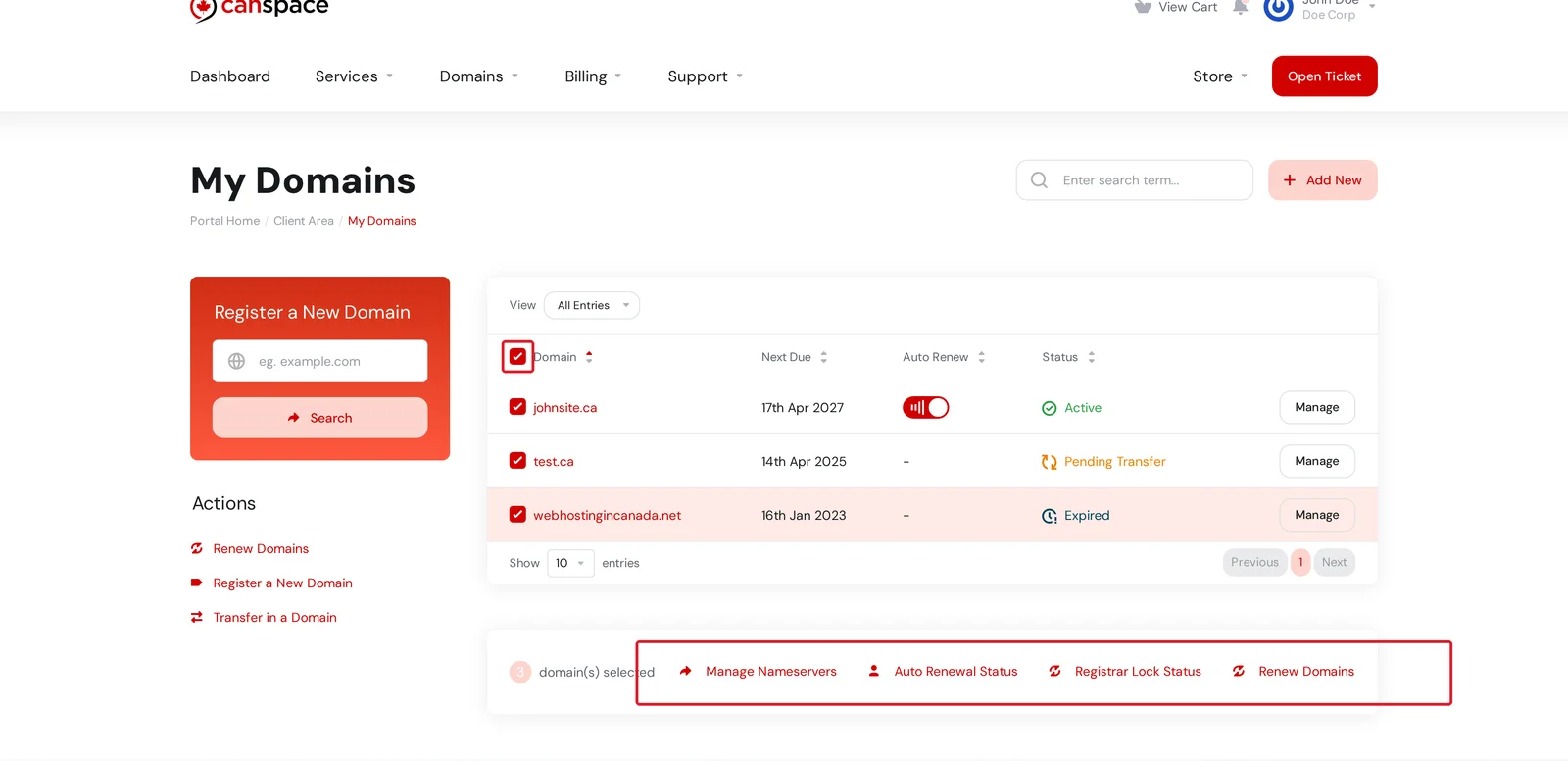 My Domains page with all three domains selected. The header checkbox is highlighted, and the bulk action bar at the bottom shows Manage Nameservers, Auto Renewal Status, Registrar Lock Status, and Renew Domains.