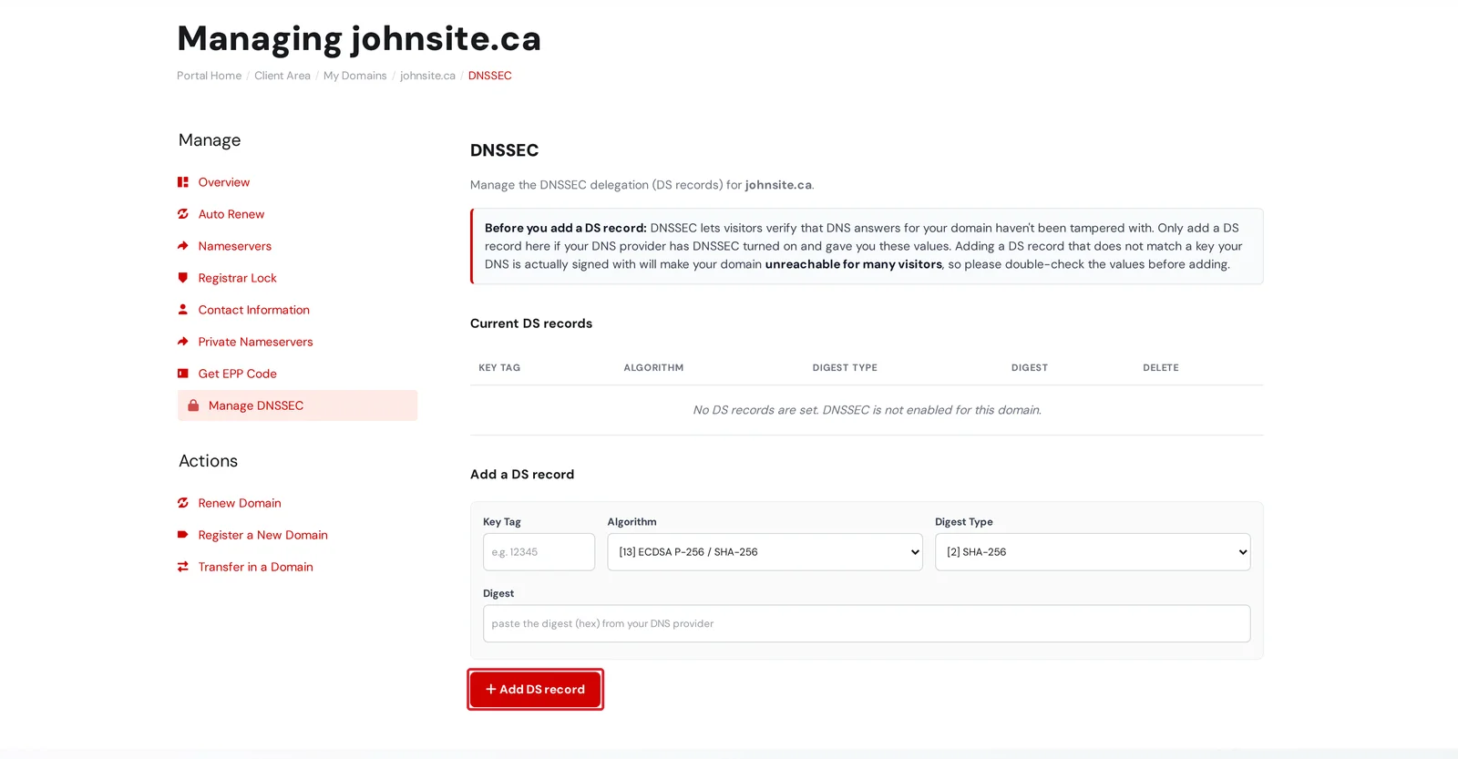 The Add a DS record form on the Manage DNSSEC page