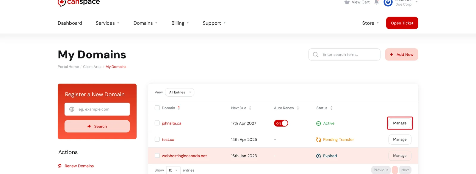 My Domains page with the Manage button highlighted for a domain