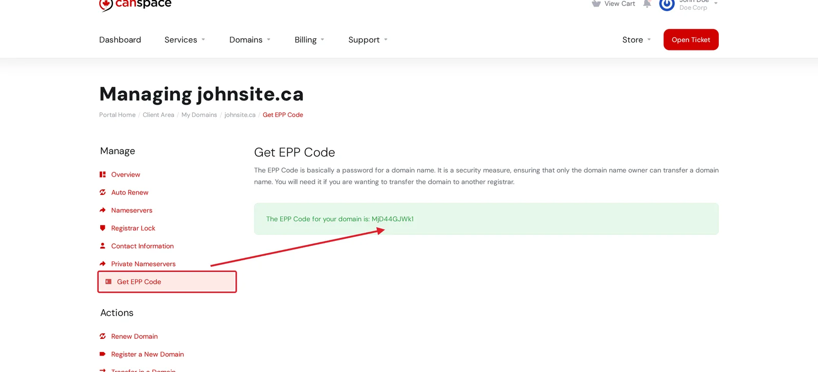Get EPP Code page showing the authorization code in a green alert box, with an arrow pointing from the sidebar link to the code