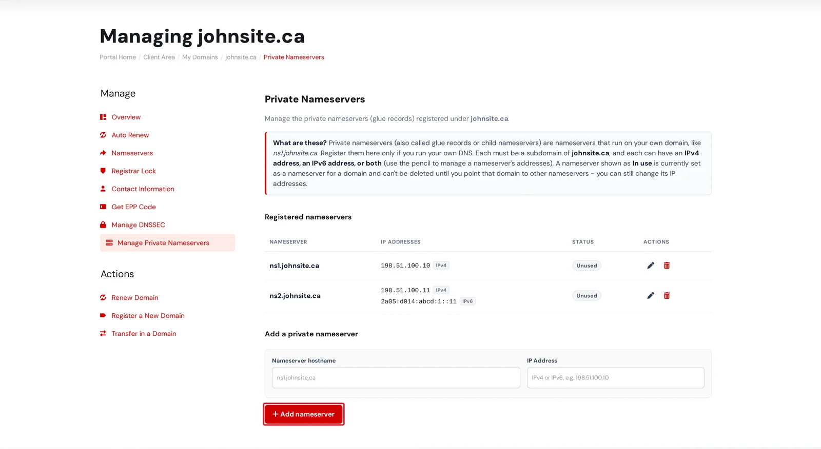 The Private Nameservers page with registered nameservers and the add form