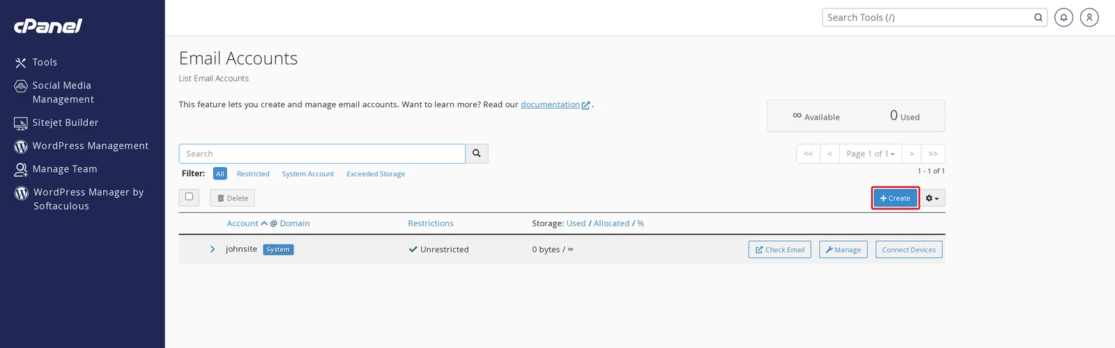 cPanel Email Accounts list with the Storage column showing the Used / Allocated / % indicators