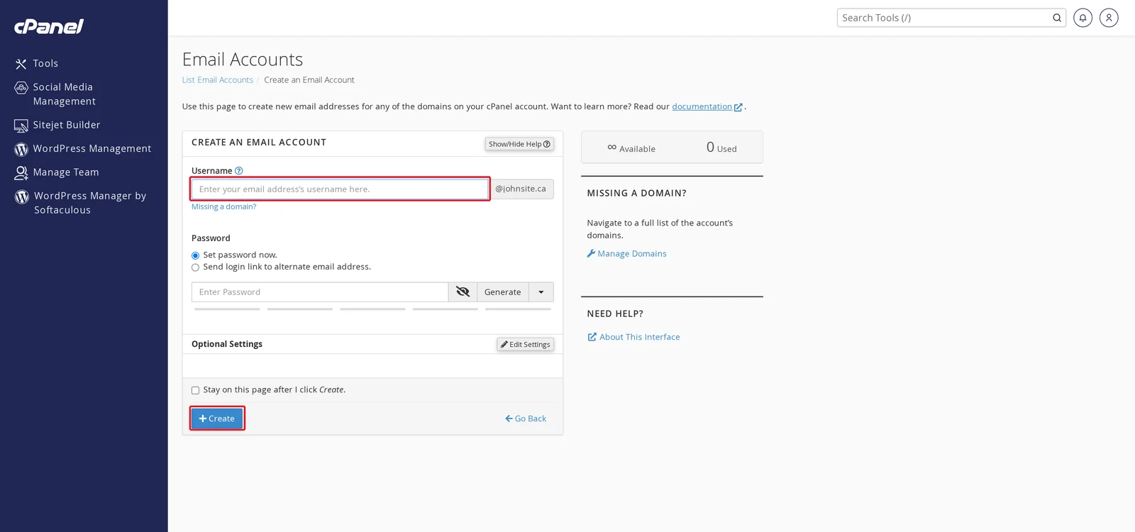 Create an Email Account form with the Username field and Create button highlighted