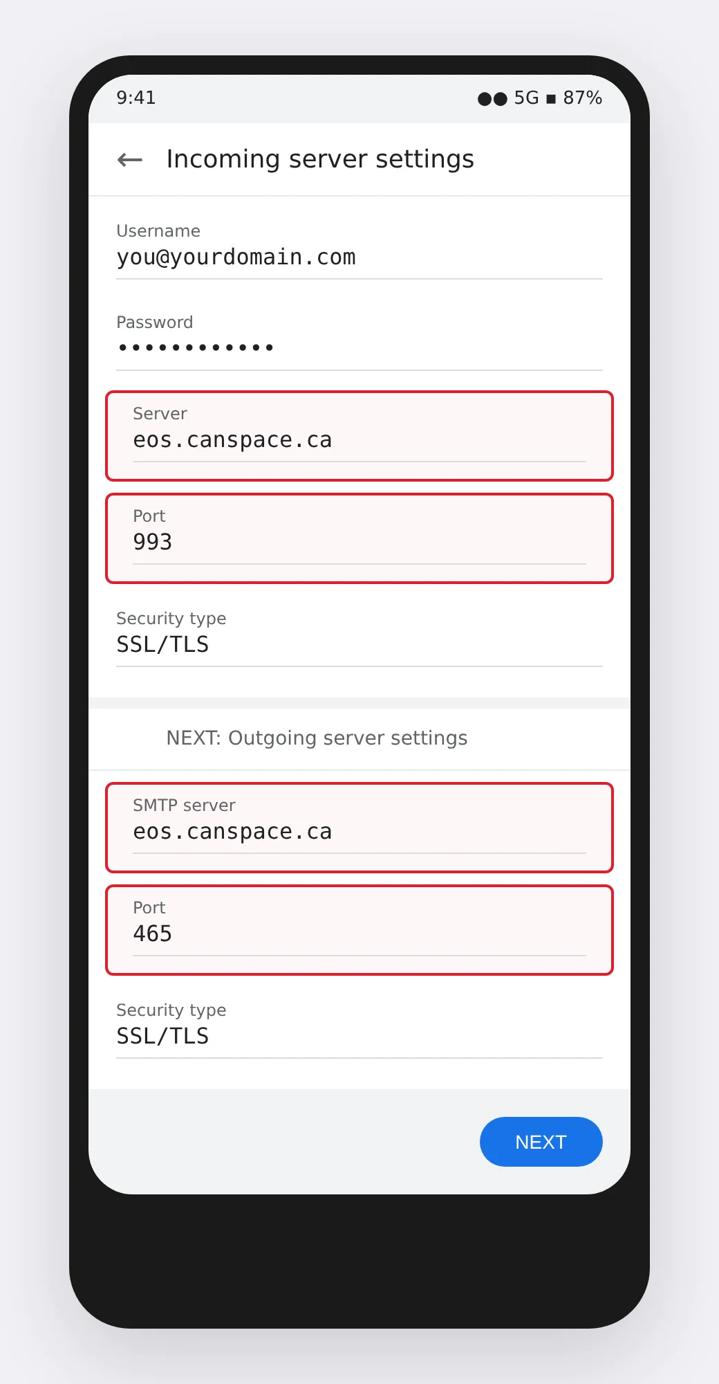 Illustrative Android email incoming server settings screen showing Server eos.canspace.ca and Port 993 with SSL/TLS selected, followed by outgoing SMTP server eos.canspace.ca and Port 465