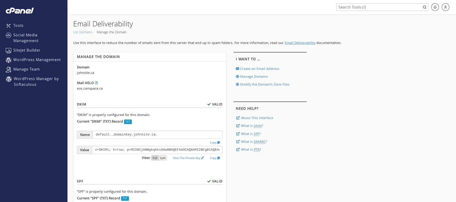cPanel Email Deliverability Manage page showing DKIM, SPF, and DMARC records for a domain with all three marked as Valid