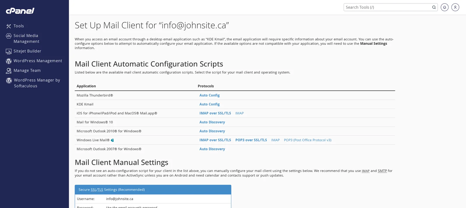 cPanel Set Up Mail Client page showing automatic configuration scripts for common clients and the manual settings table below