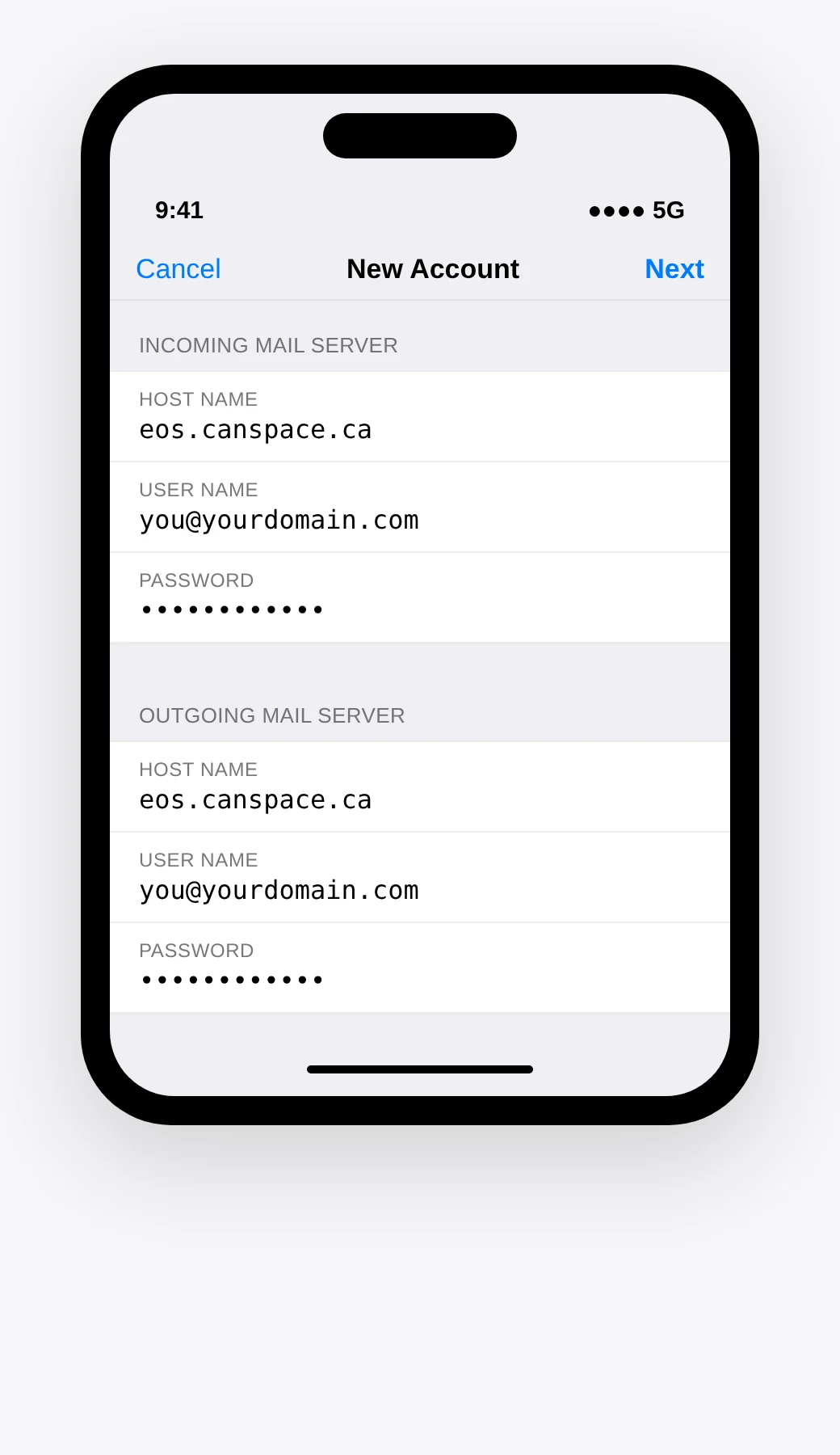 Illustrative iPhone Mail New Account screen showing Incoming Mail Server with host name eos.canspace.ca and full email address as the username, and Outgoing Mail Server with the same host name and credentials