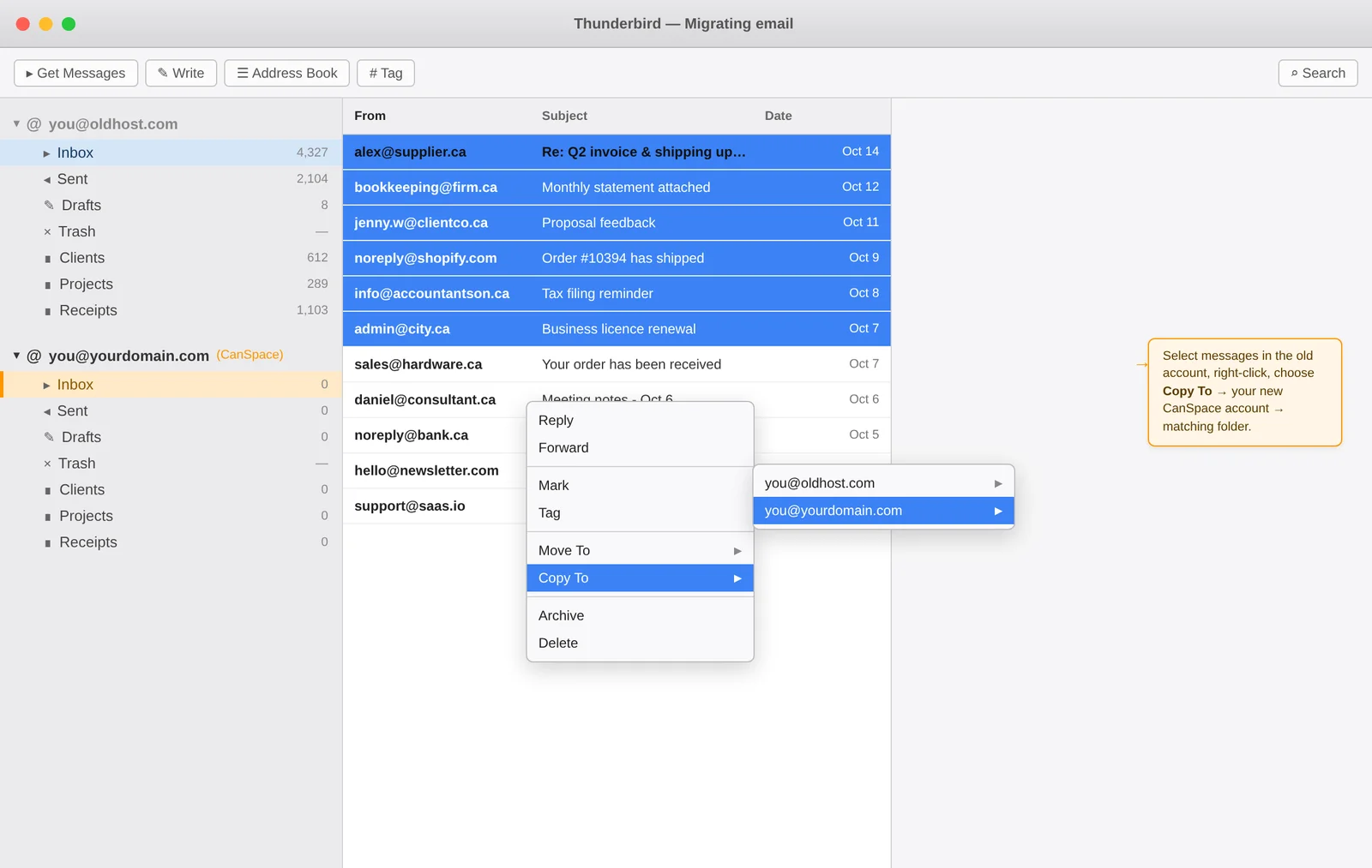 Thunderbird with two IMAP accounts in the sidebar (old host on top, CanSpace below), messages selected in the old Inbox, and a right-click menu showing Copy To with the new account highlighted