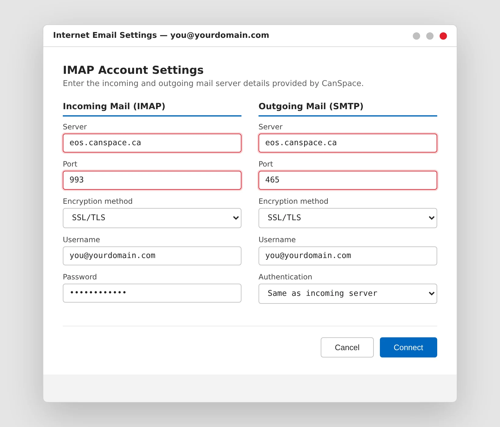 Illustrative Outlook IMAP account settings dialog showing Server eos.canspace.ca and Port 993 for incoming IMAP, and Server eos.canspace.ca and Port 465 for outgoing SMTP, with SSL/TLS encryption selected