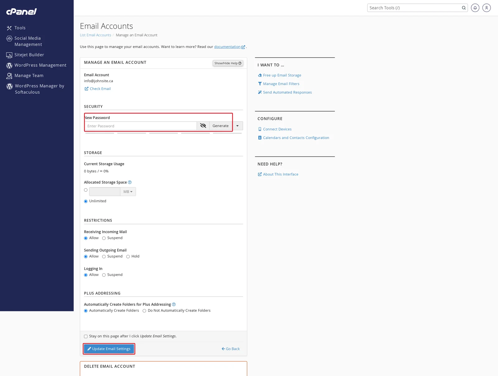 Manage Email Account page with the New Password field and Update Email Settings button highlighted