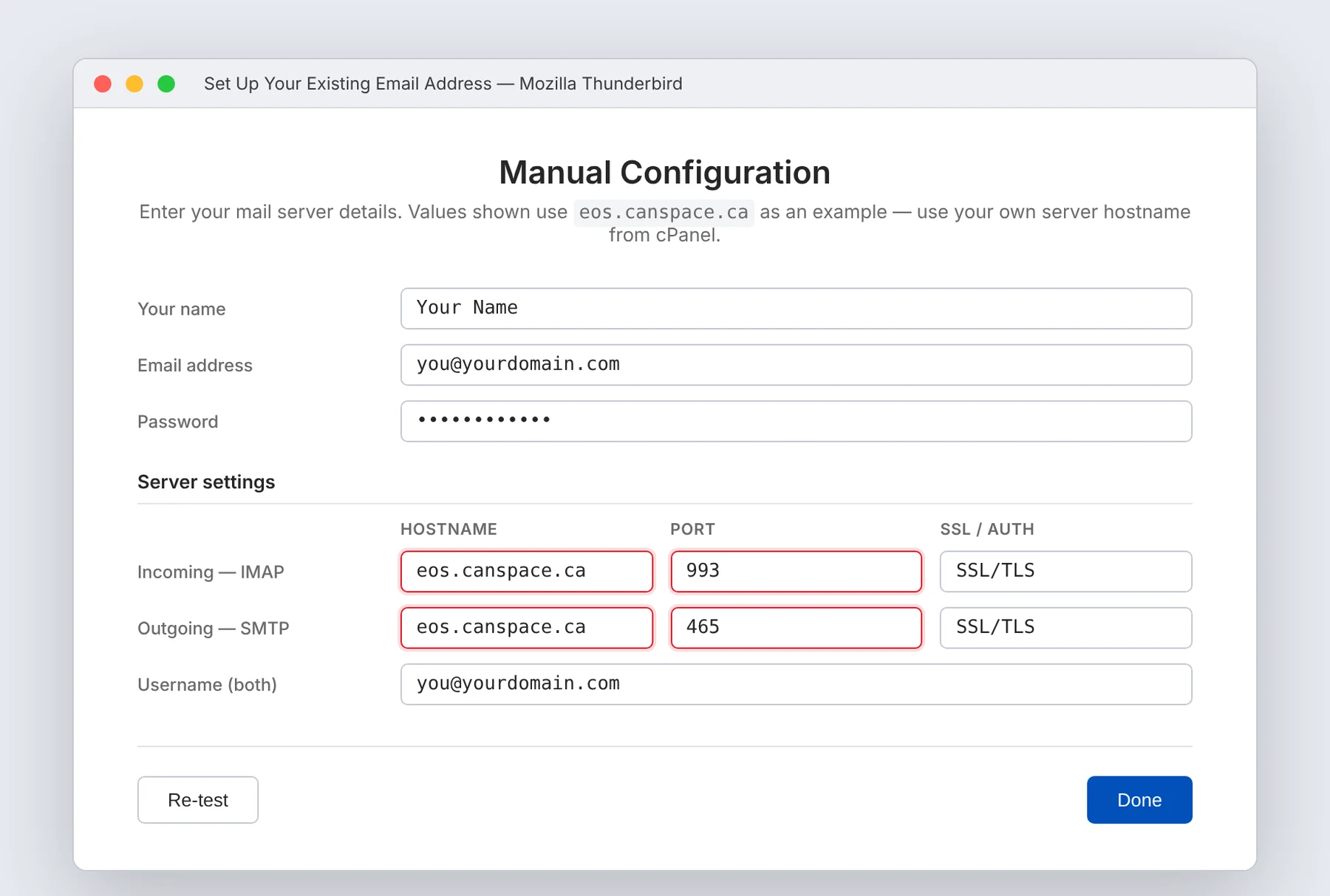 Illustrative Thunderbird manual configuration dialog showing IMAP incoming server at eos.canspace.ca port 993 SSL/TLS and SMTP outgoing server at eos.canspace.ca port 465 SSL/TLS, with the full email address as the username for both