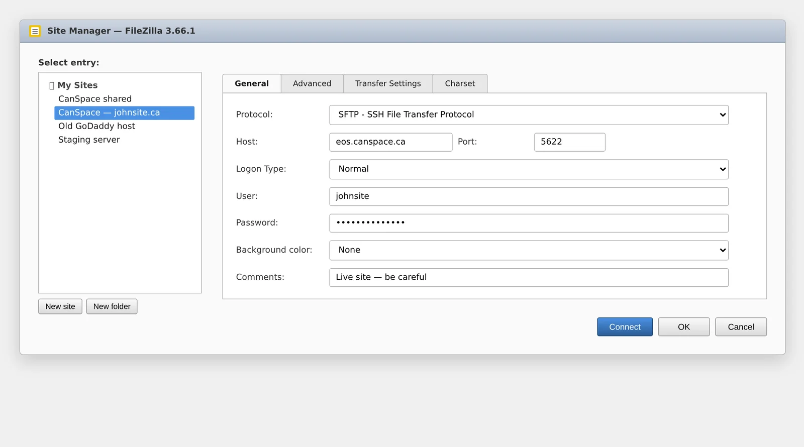 FileZilla Site Manager dialog showing SFTP connection fields filled in with eos.canspace.ca, port 5622, username johnsite
