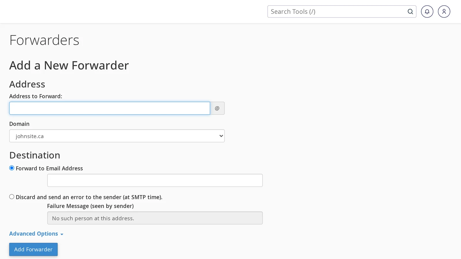 cPanel Add Forwarder form with Address and Forward To fields