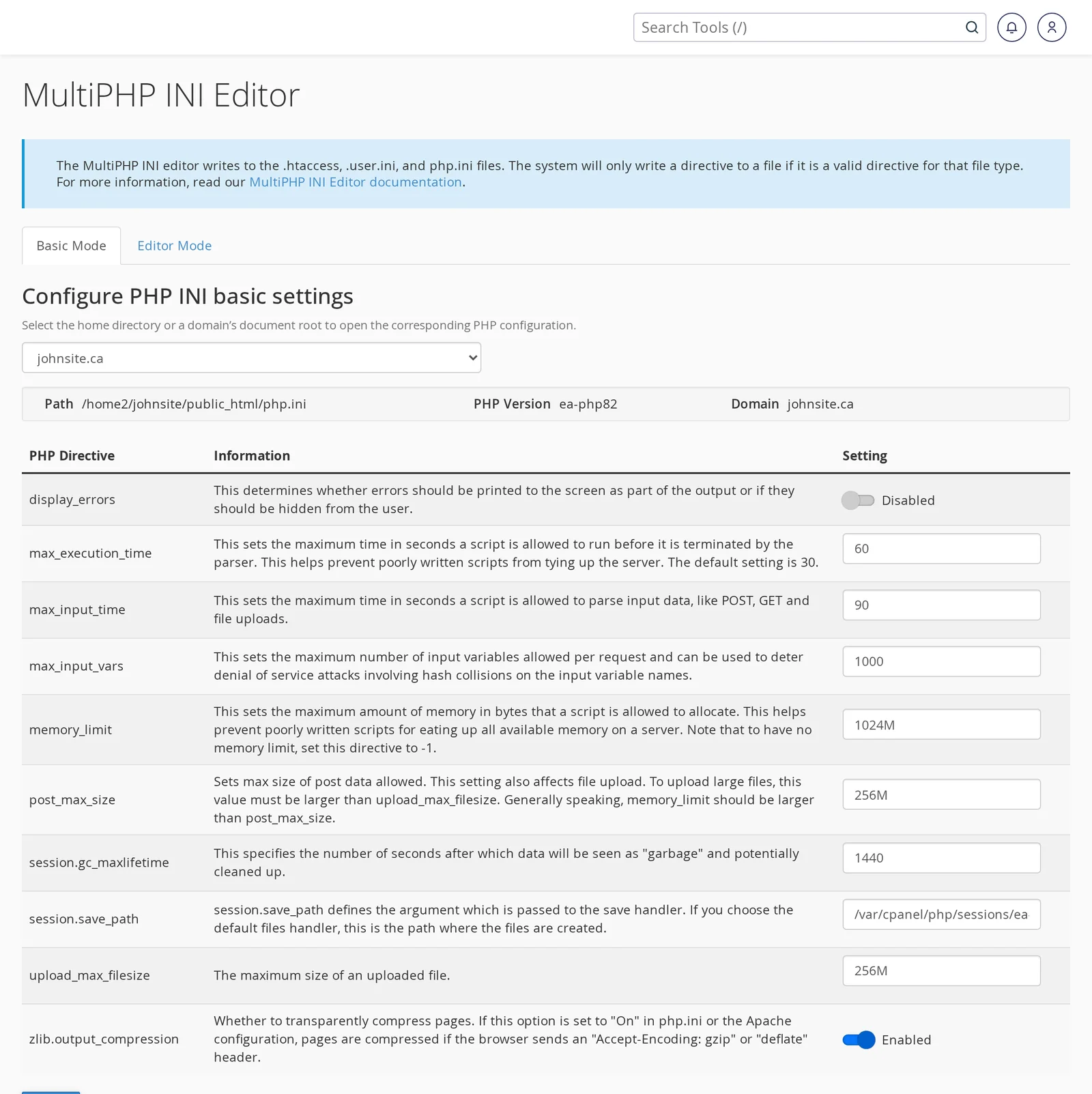 MultiPHP INI Editor in Basic Mode with johnsite.ca selected, showing editable settings like memory_limit and upload_max_filesize