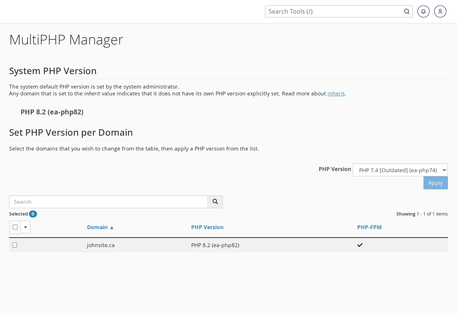 MultiPHP Manager page in cPanel showing the Set PHP Version per Domain table with johnsite.ca on PHP 8.2