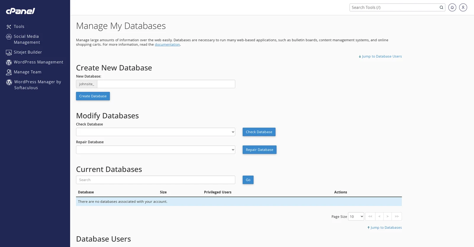 cPanel Manage My Databases page showing Create New Database, Modify Databases, Current Databases, and Add New User sections