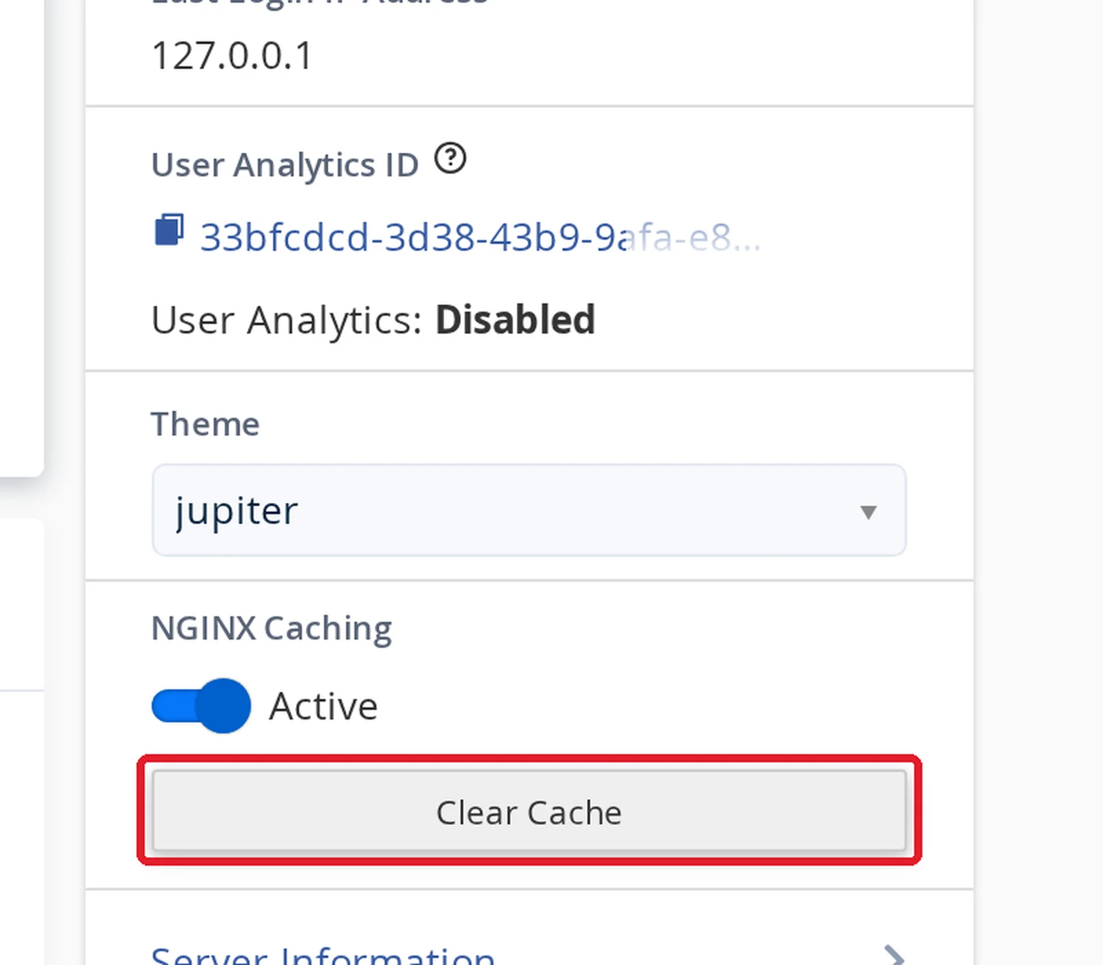 cPanel right sidebar showing the NGINX Caching section with the Clear Cache button highlighted