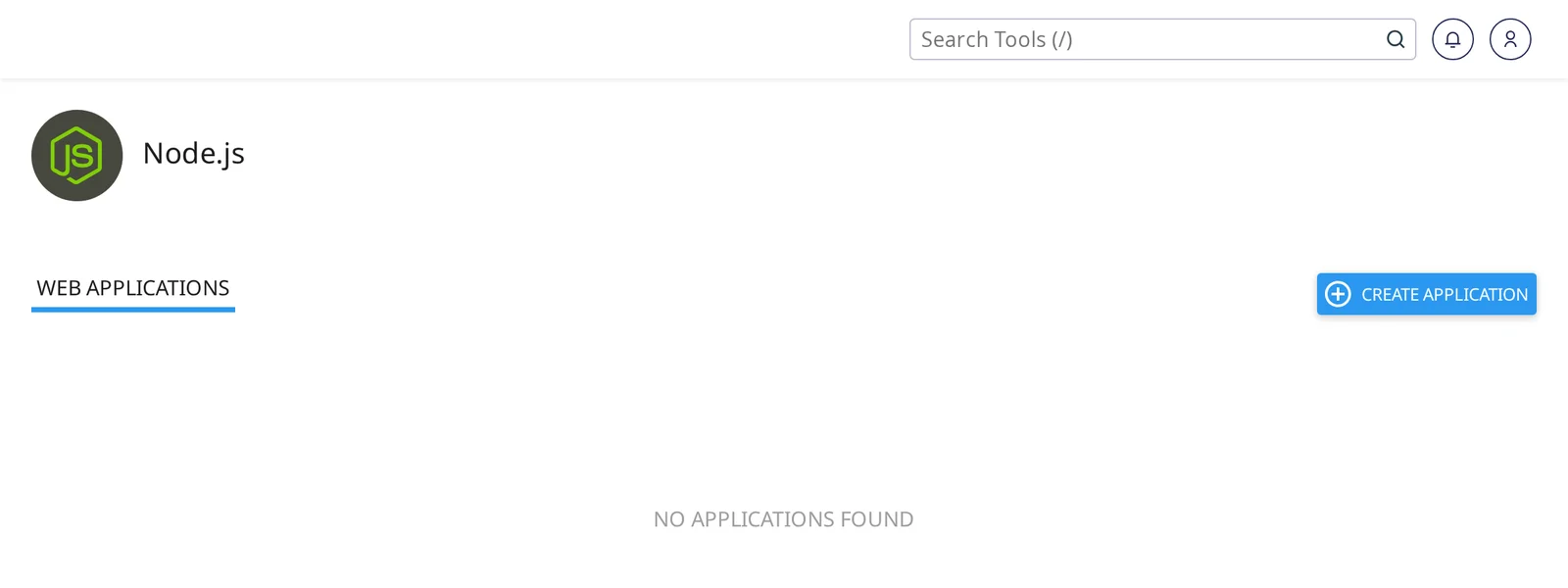Setup Node.js App landing page showing Web Applications tab and a Create Application button