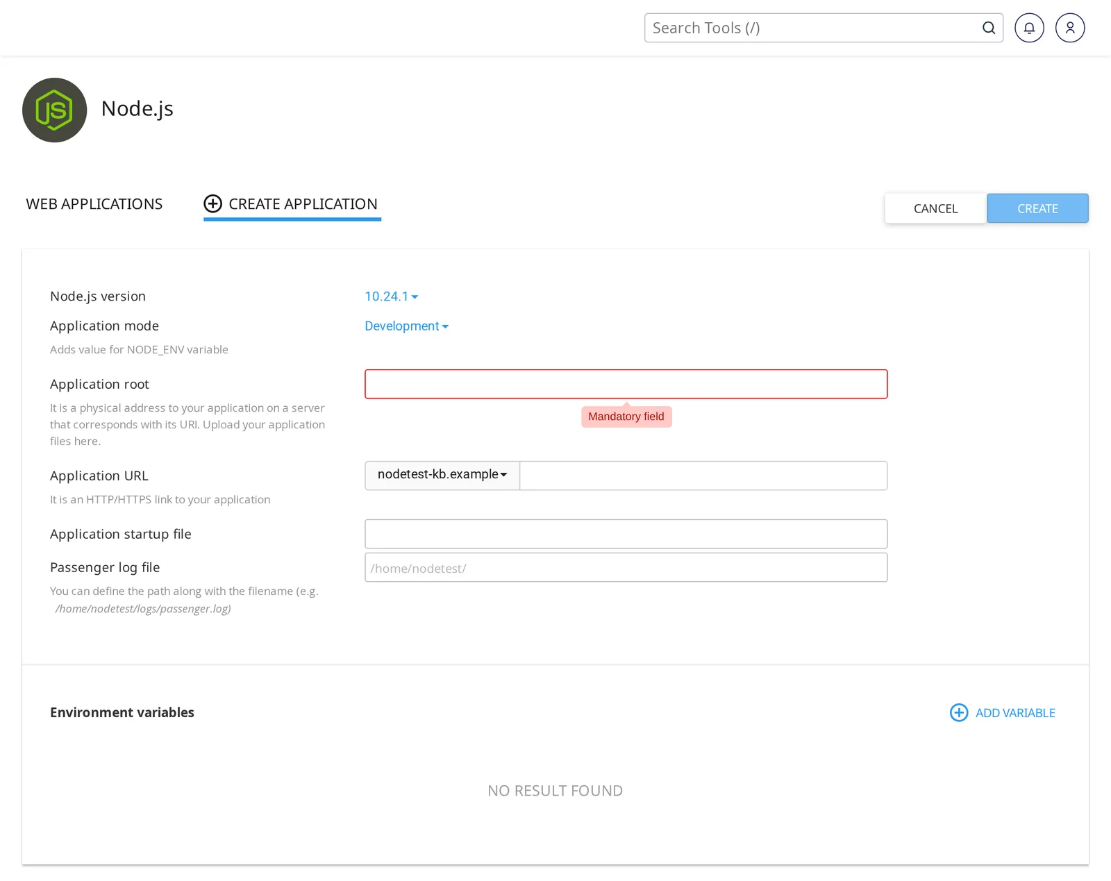 Create Application form in cPanel with Node.js version, Application mode, Application root, Application URL, Application startup file, and Environment variables fields