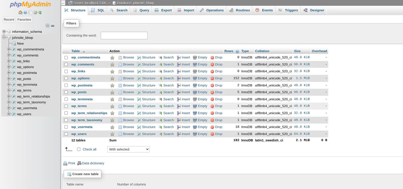 phpMyAdmin showing a WordPress database with its tables (wp_options, wp_posts, etc.) listed in the main view