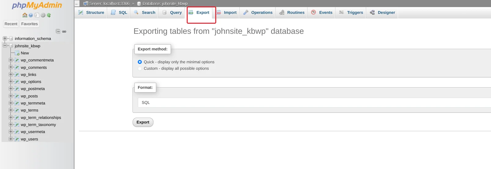 phpMyAdmin Export tab showing the Quick / Custom export method choice and Format dropdown set to SQL
