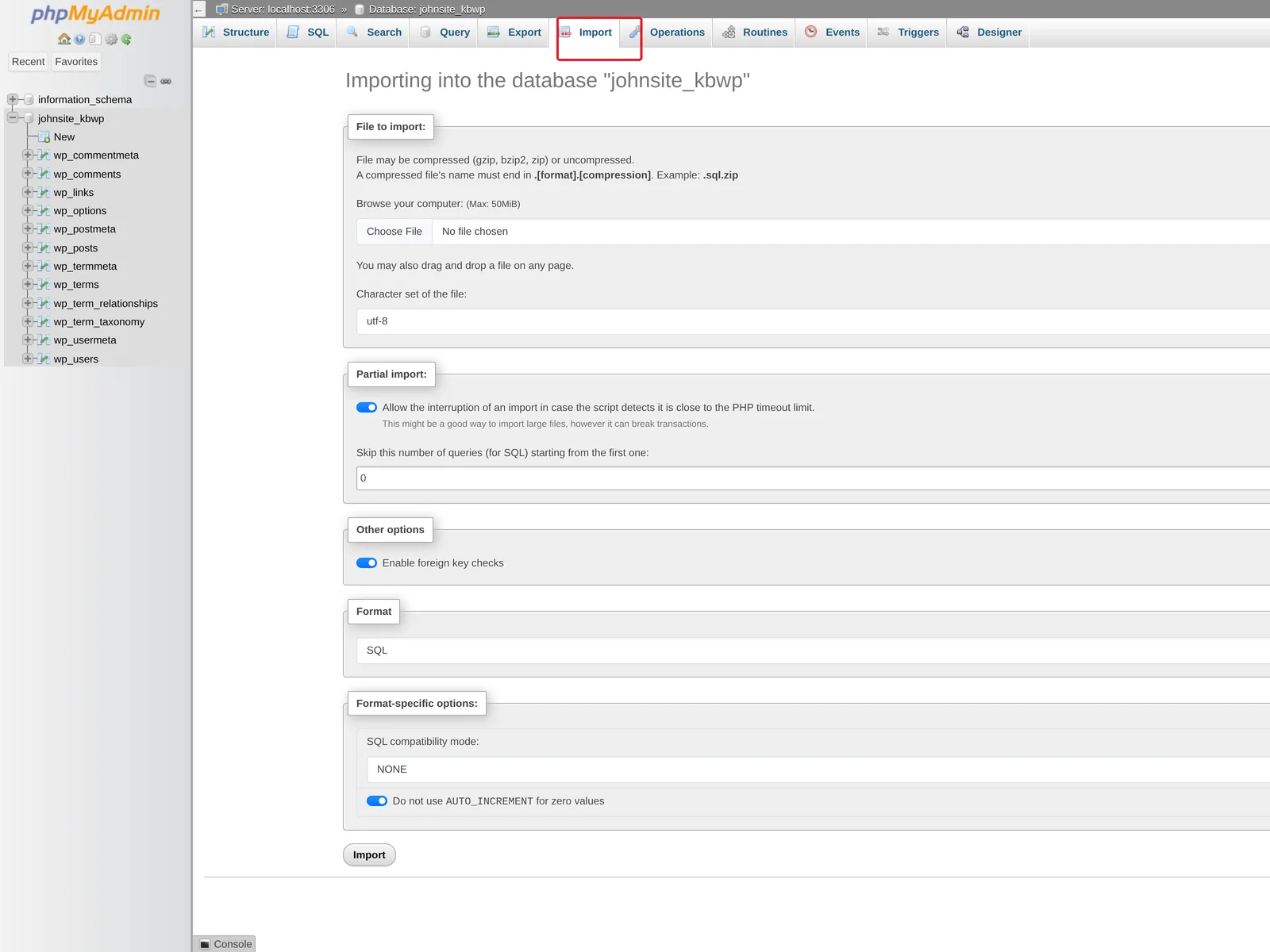 phpMyAdmin Import tab showing the file upload field, partial import options, character set selector, and Format dropdown