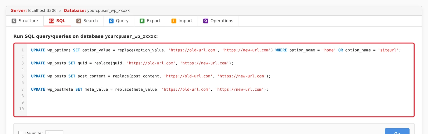phpMyAdmin SQL tab with a textarea showing four UPDATE queries to replace old-url.com with new-url.com across wp_options, wp_posts guid, wp_posts post_content, and wp_postmeta meta_value