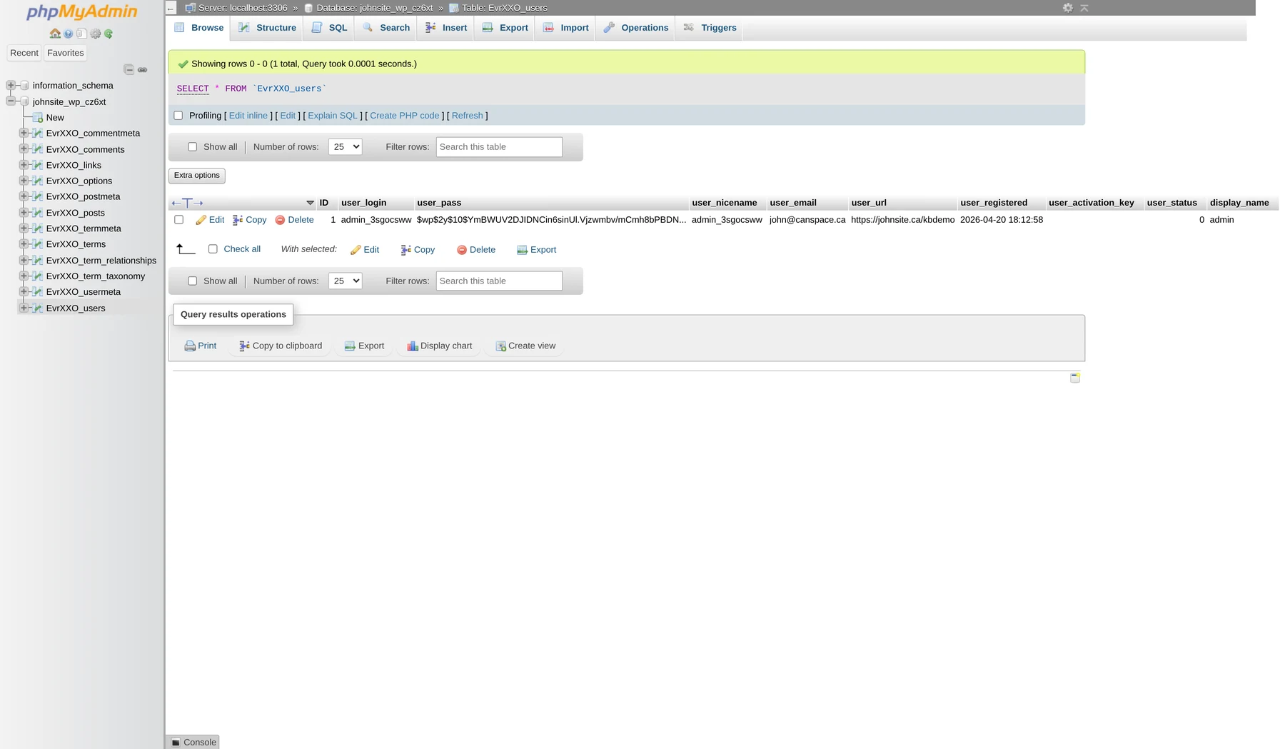 phpMyAdmin showing the wp_users table with one user row and the Edit button highlighted